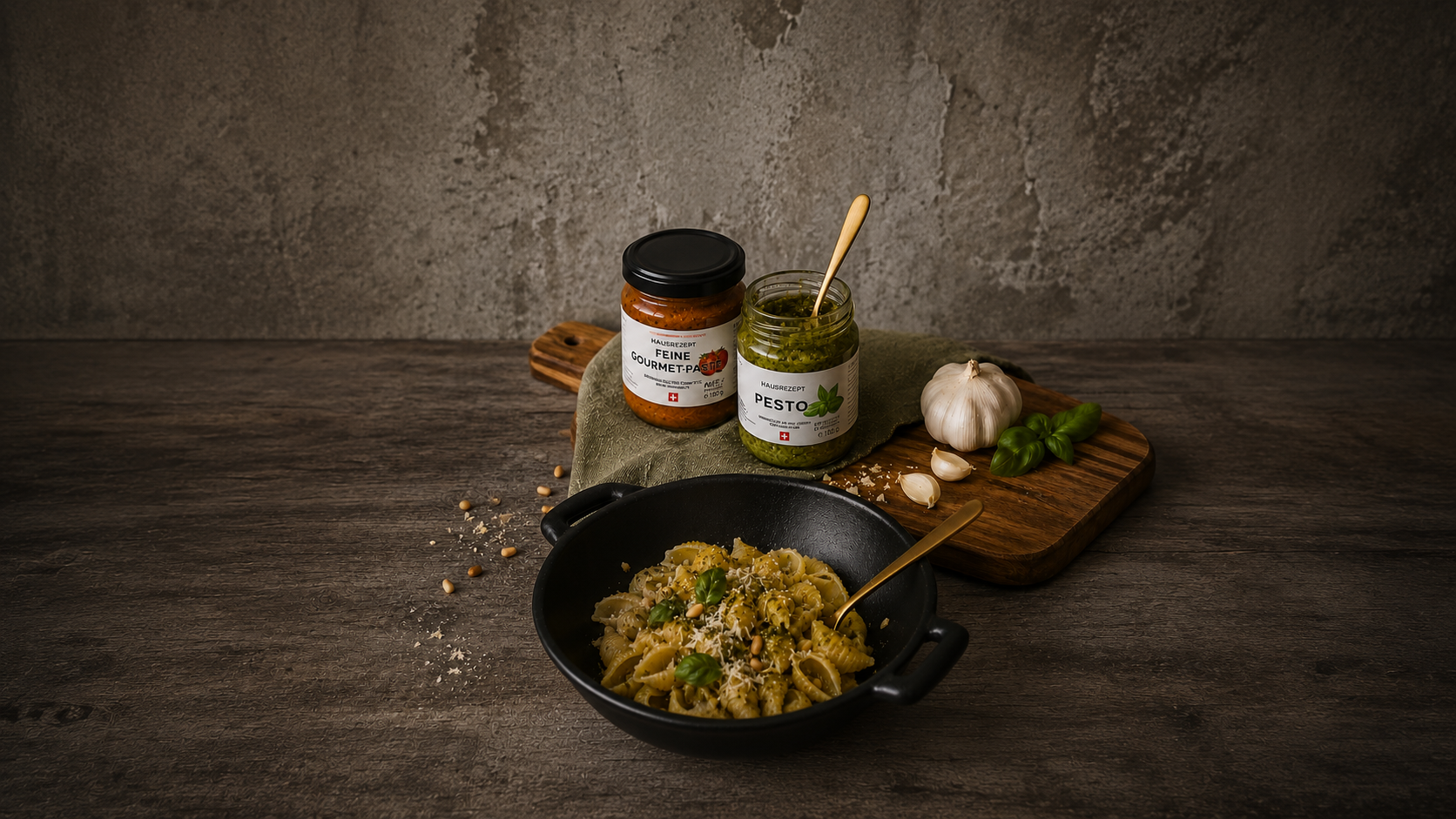 Gläser mit hausgemachtem Meerkämper Pesto und Gourmet-Paste neben einer Schale Pasta mit Pesto, Parmesan, Knoblauch und Pinienkernen